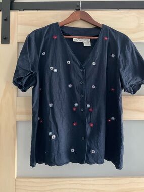 Y2K White Stag Linen Blend Floral Embroidered Blouse Scallop Hem XL